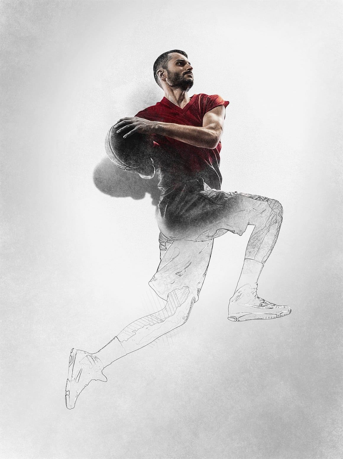 The athlete before throwing the ball is drawn with simple and colored pencils.