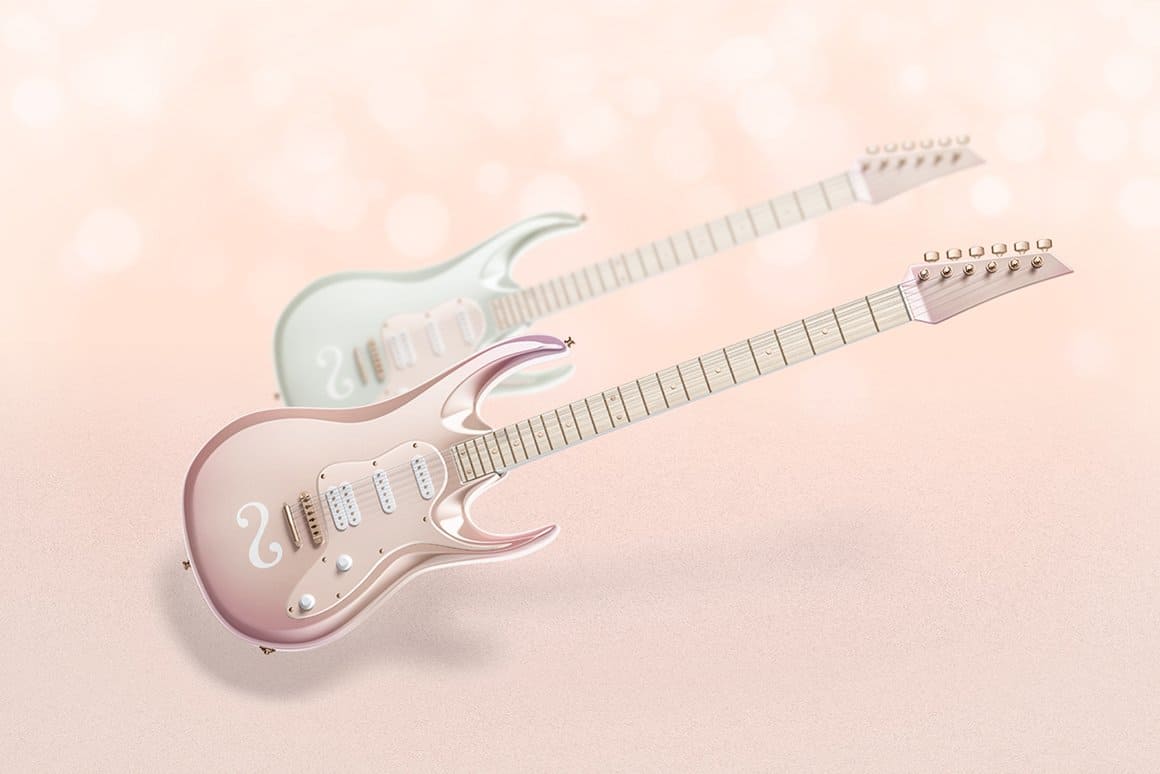 An image of an electric guitar in pink and white colors.
