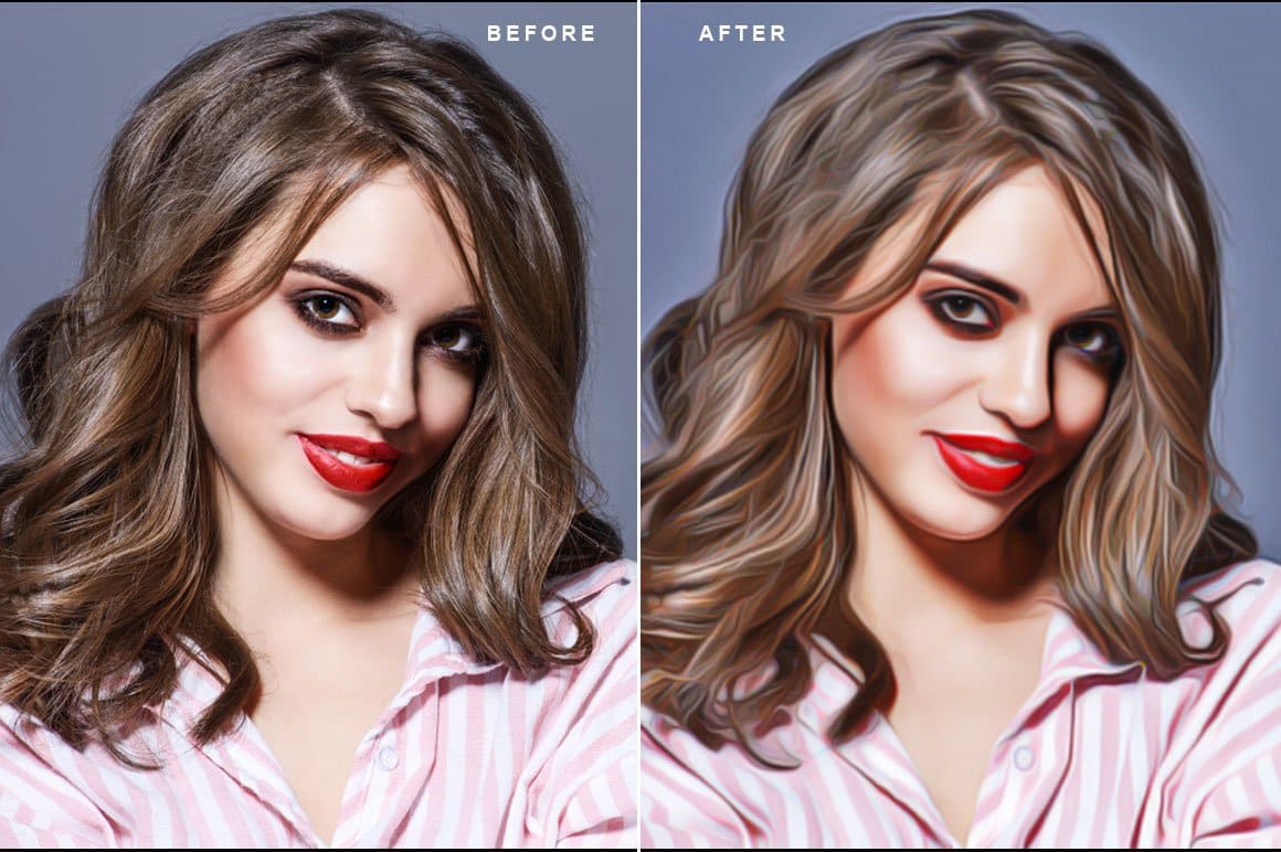 The photo of an attractive girl with red lips is processed in Super realistic vector painting.