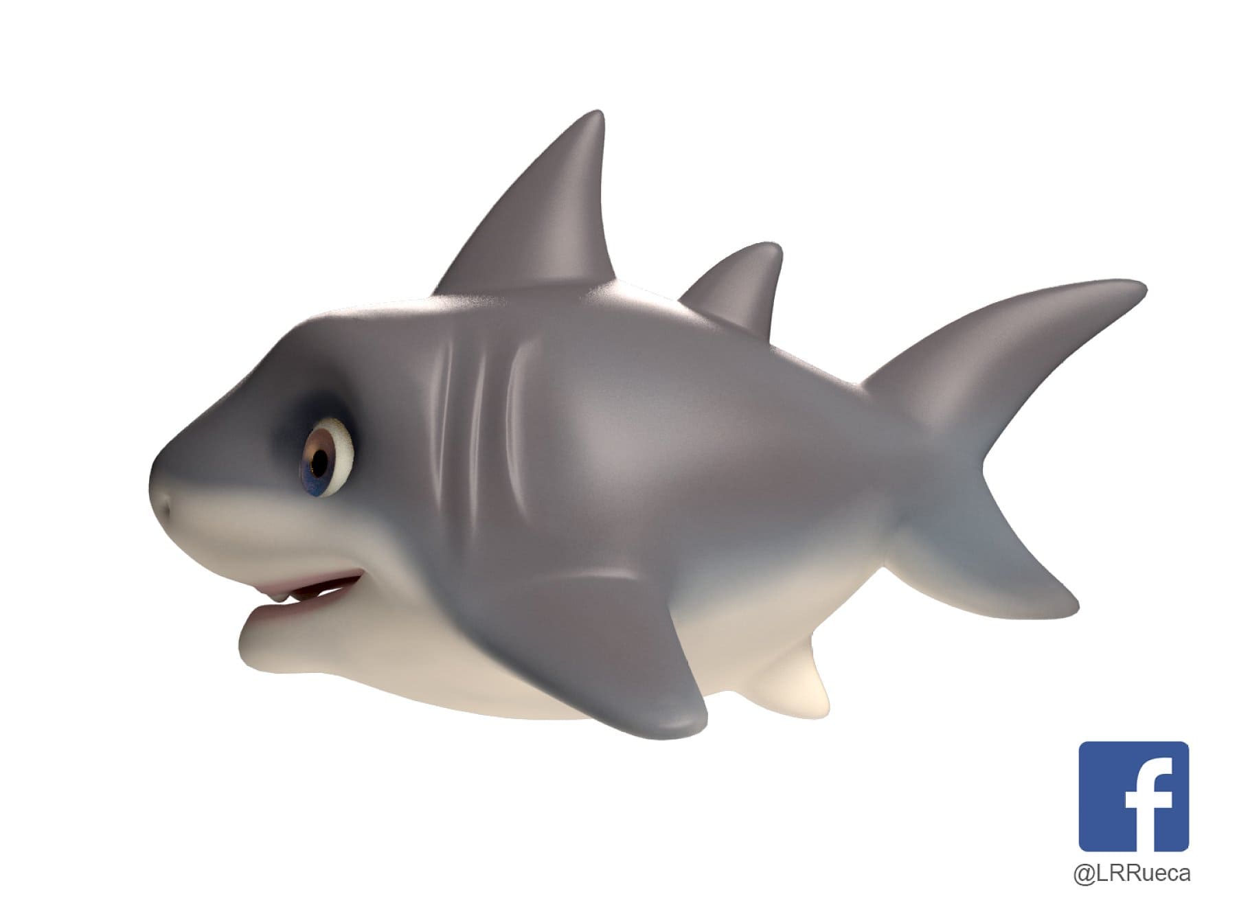3D model of a shark's face in gray color. Color model of cartoon shark side view.