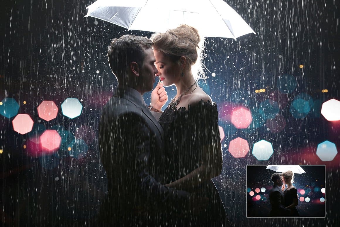 The image of an incredibly beautiful couple standing under a white umbrella is processed in Rain Brushes for Photoshop.