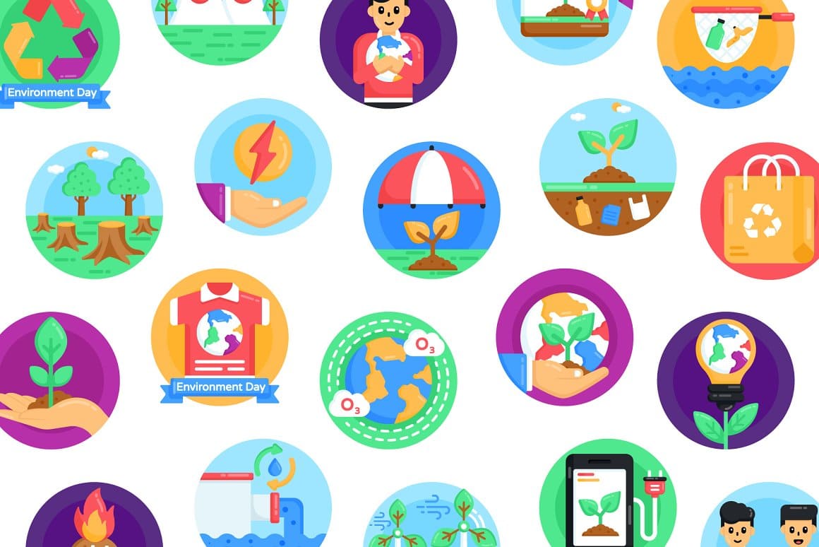 Images of green nature and environmental issues on round icons.