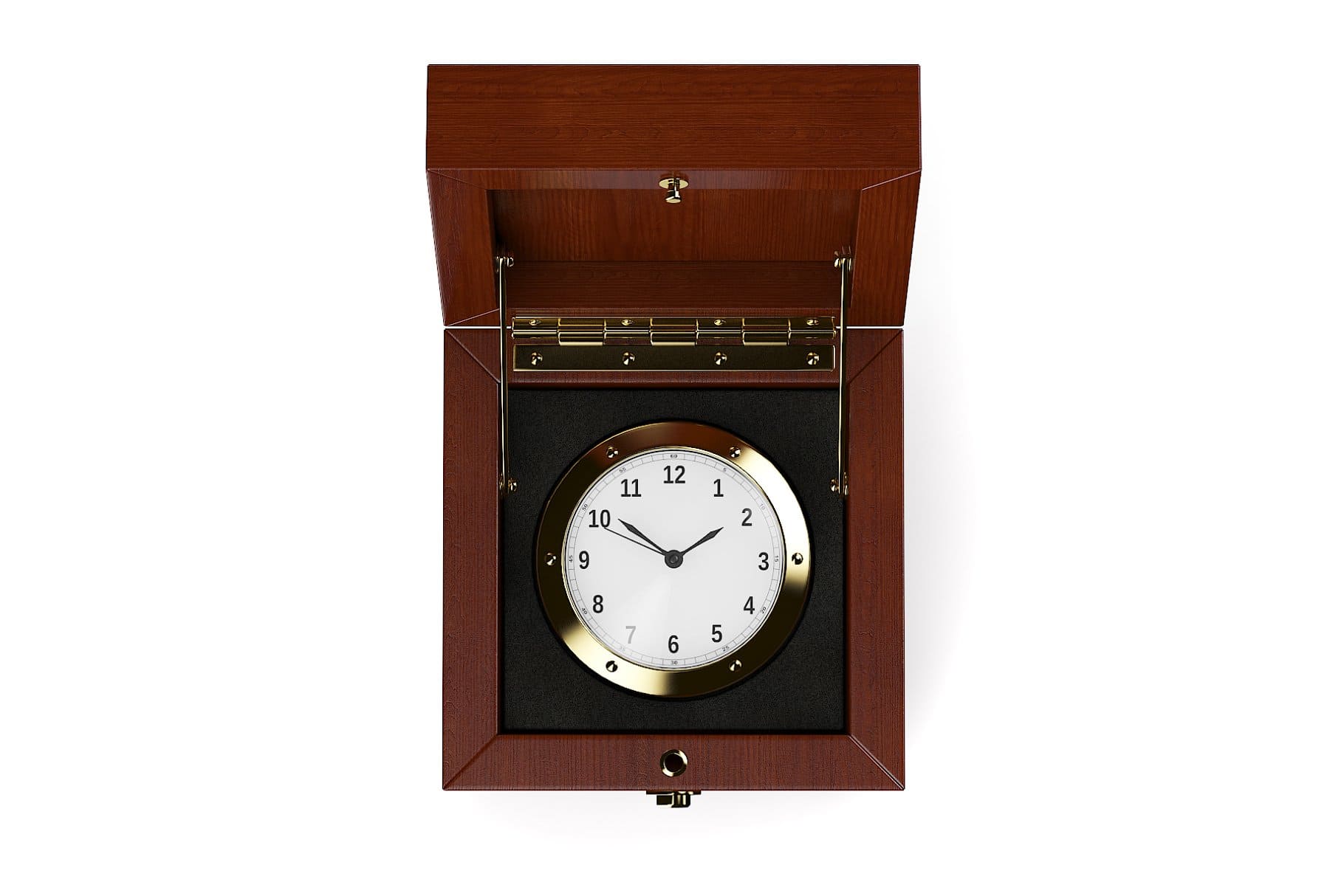 A gold watch with black numbers lies in a wooden box.