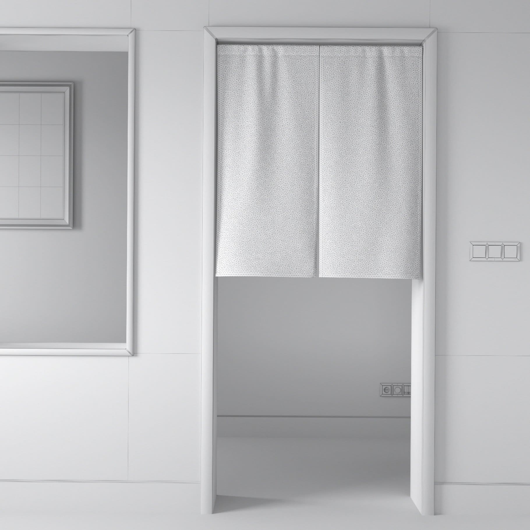 Short Japanese curtain in light gray color in the doorway.