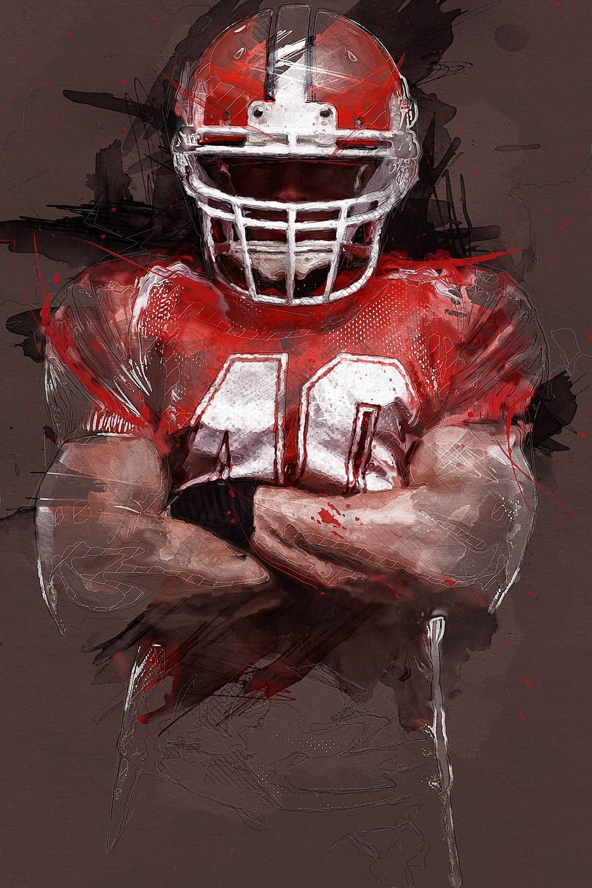 Watercolor image of an athlete in a red uniform with a helmet on his head.