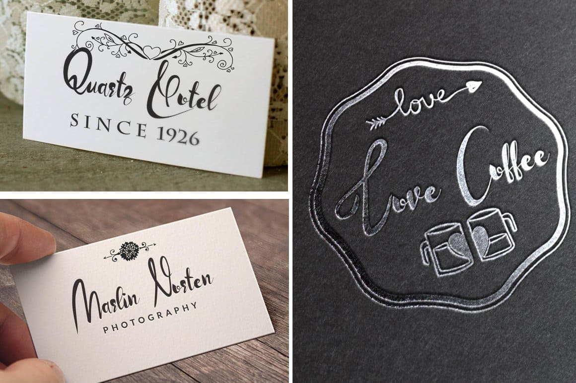 Business cards with different inscriptions in La Alorta font.