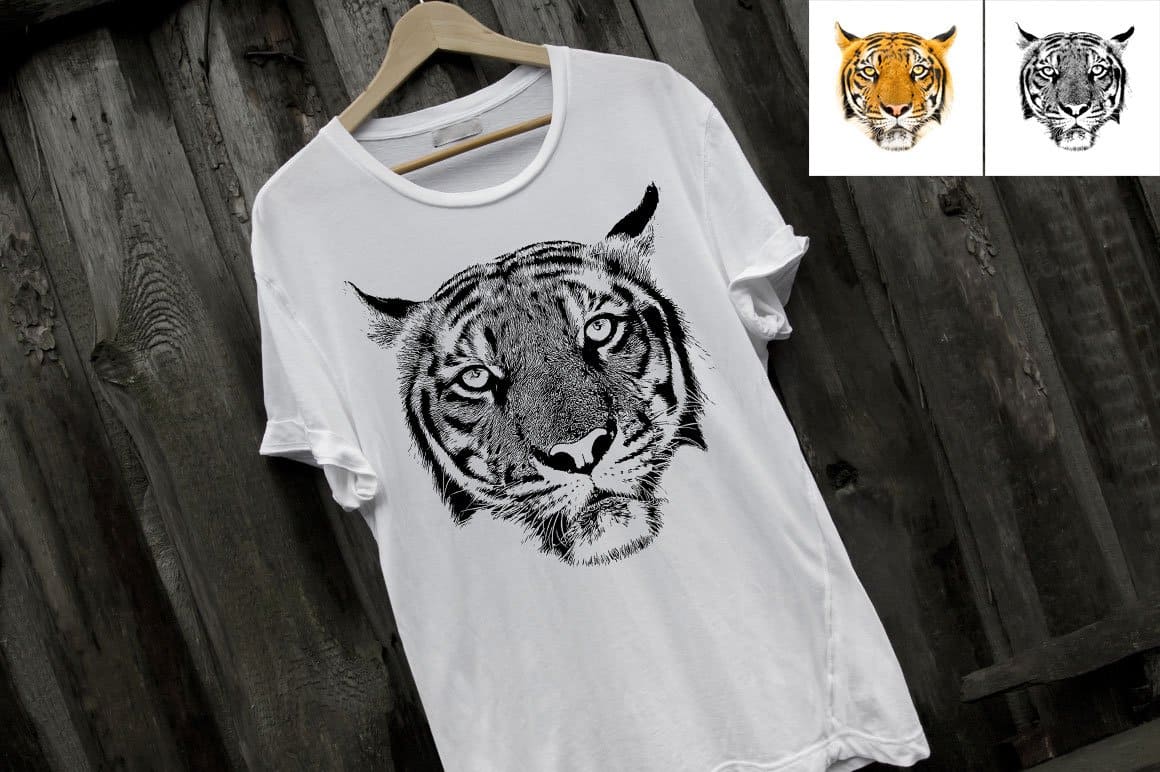 Realistic image of a tiger in black on a white t-shirt.