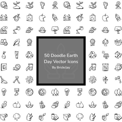 The inscription "50 Doodle Earth Day Vector Icons" on a gray background.