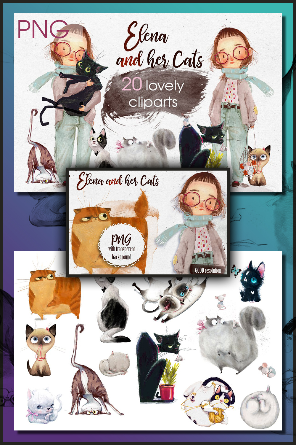 Illustration elena and her cats of pinterest.