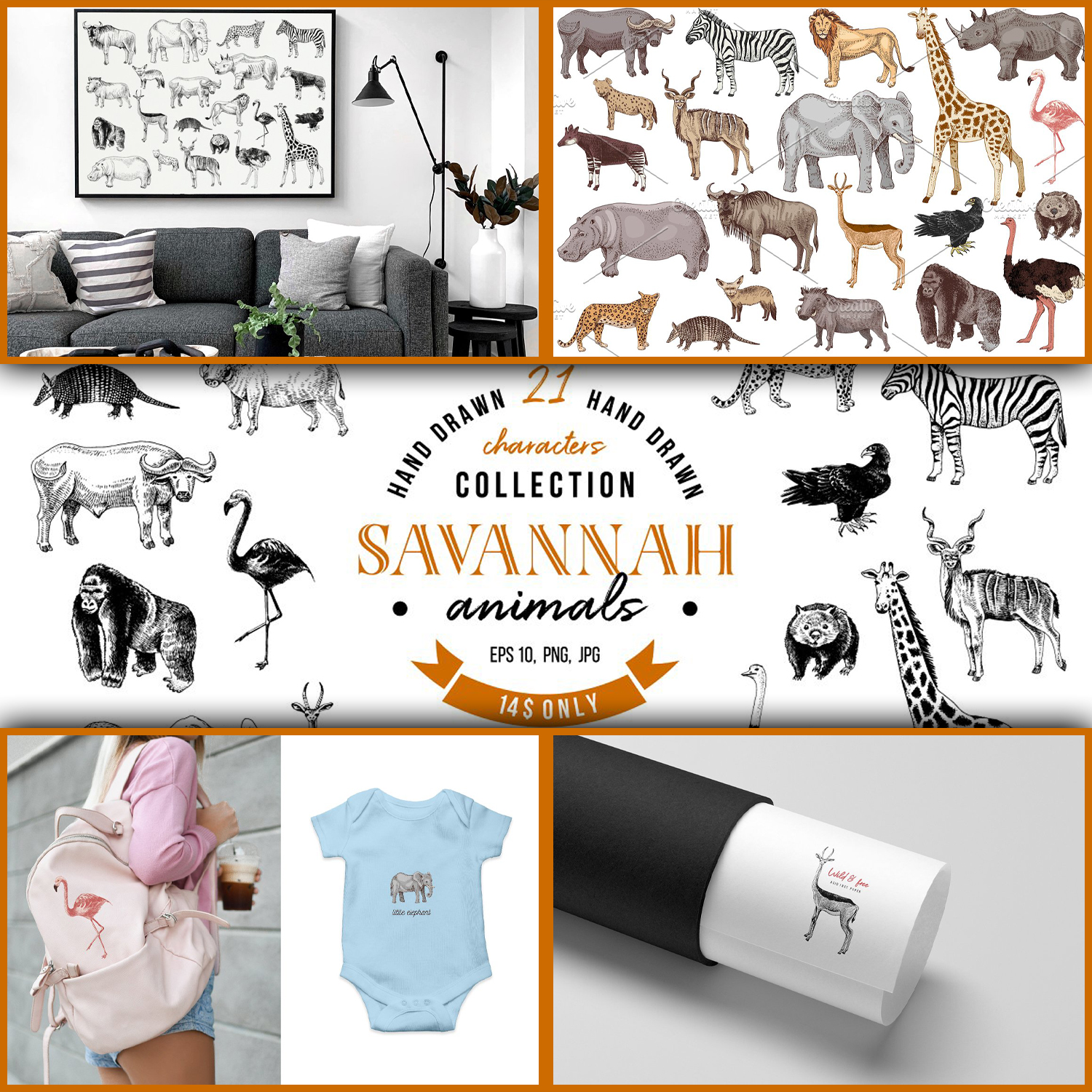Images with hand drawn savannah animals.