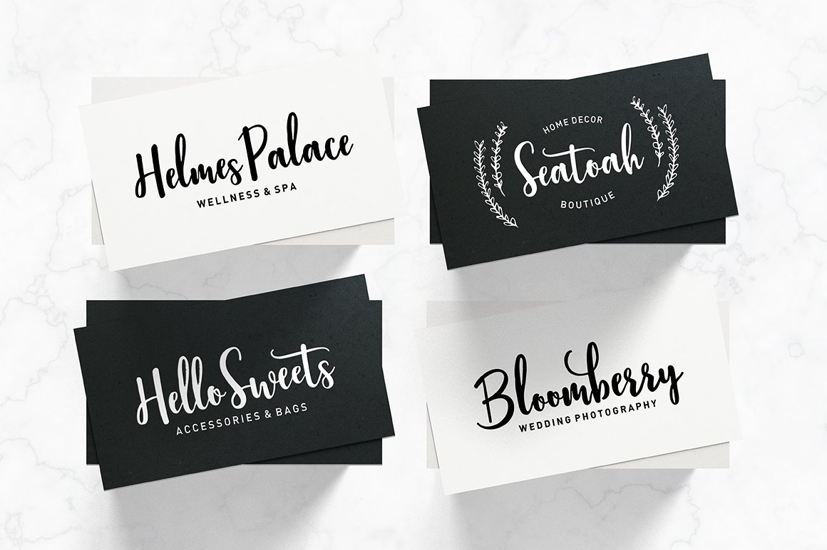Various logos and business cards with fonts.