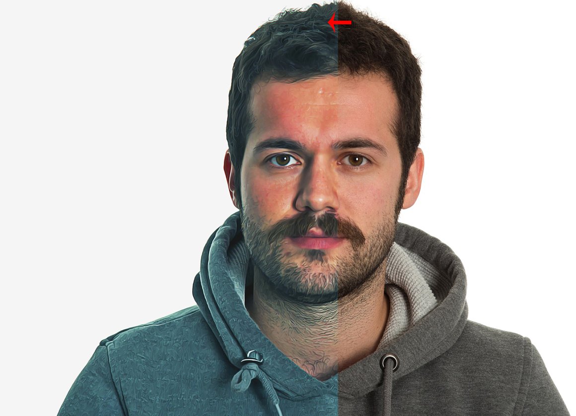 A mustachioed man in a gray hoodie.