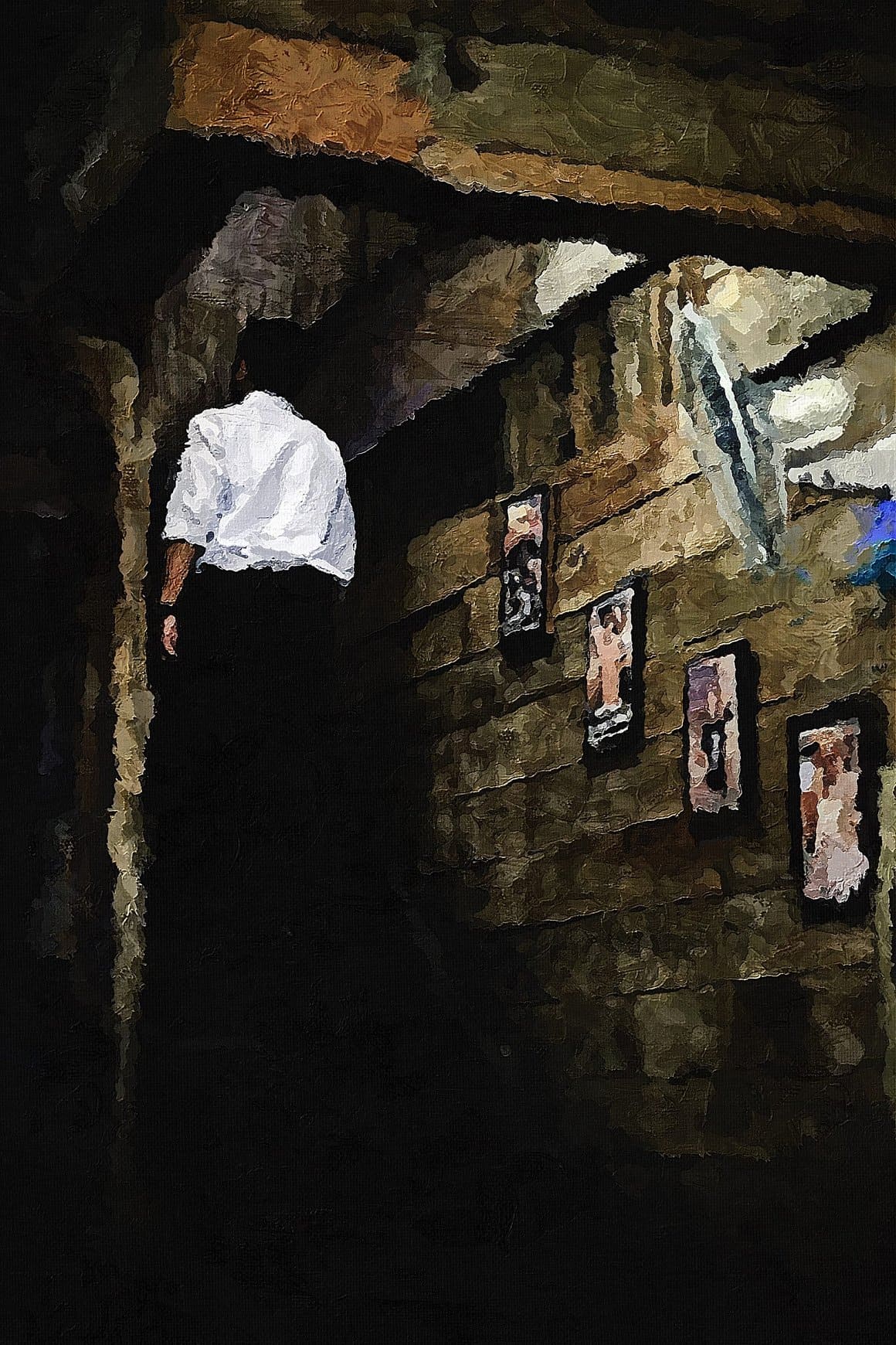 The image of a man climbing the stairs is processed in Palette Knife Photoshop Action.
