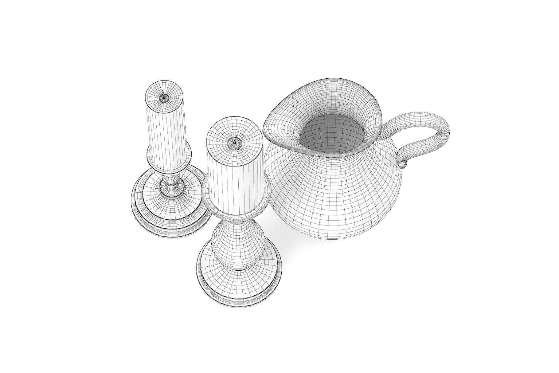 Top view of 3D model of two candles and a mug.