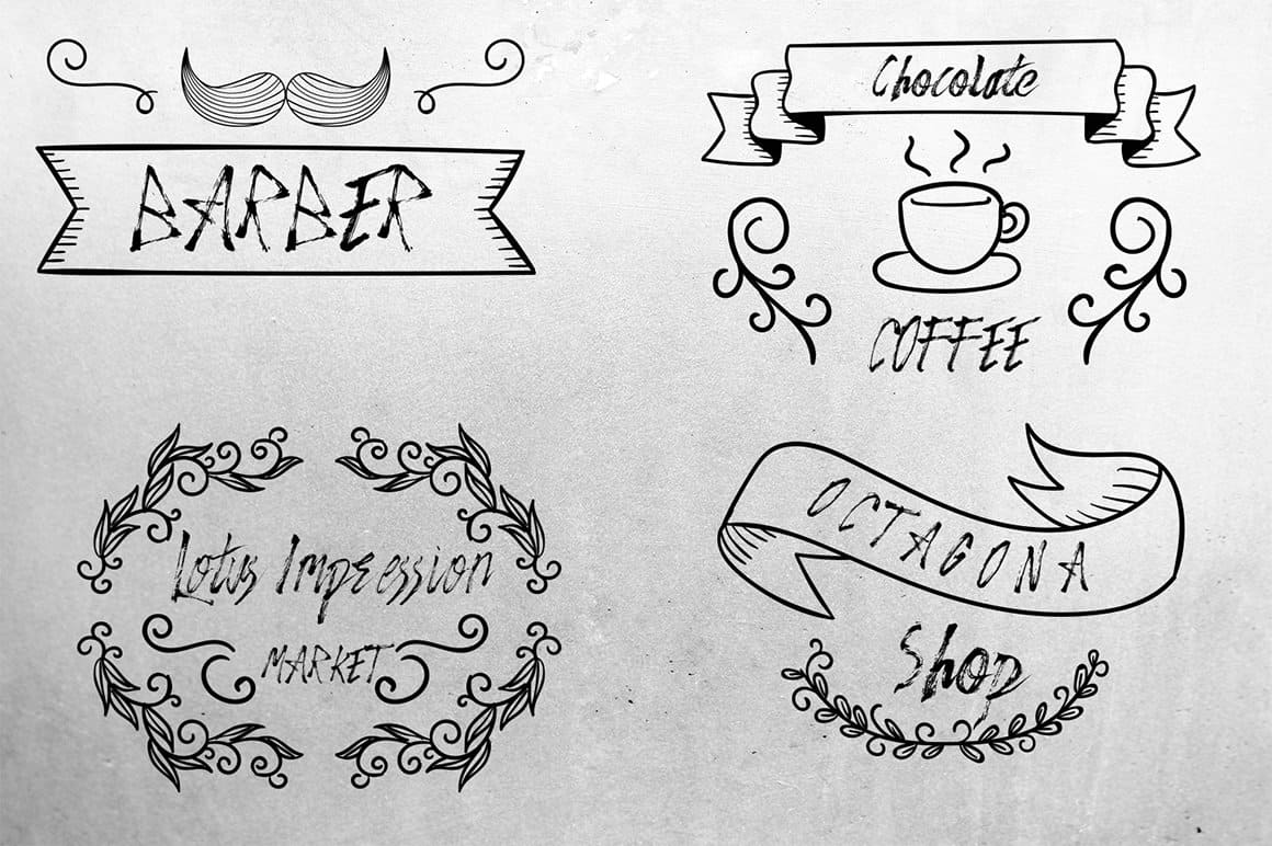 Black and white emblems with drawings and inscriptions written in cranberry font.