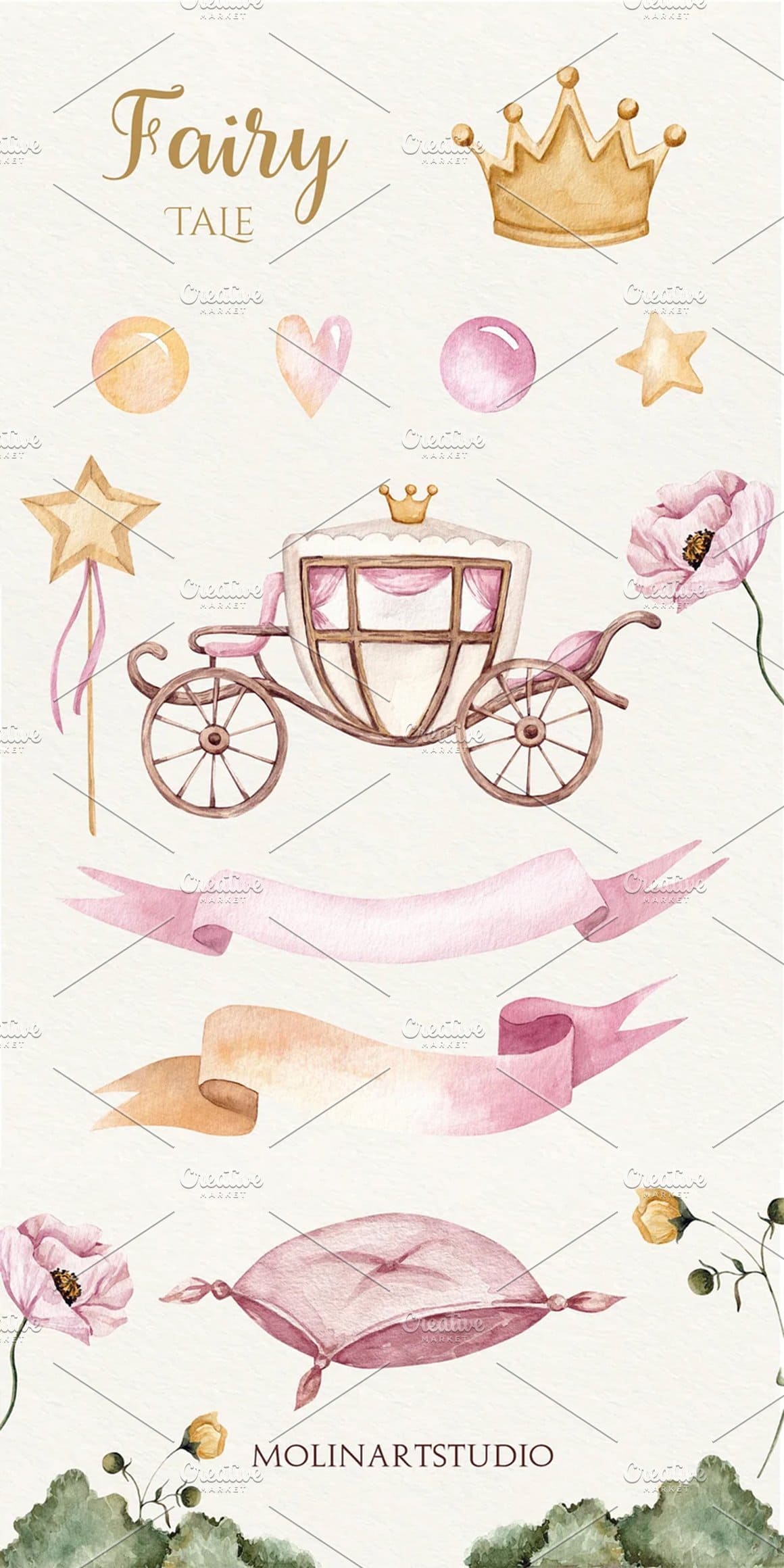 Pillows, a princess crown and a chariot from a fairy tale.