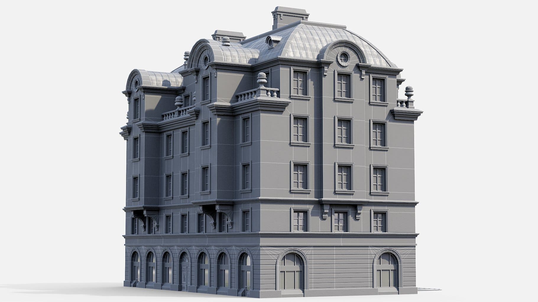 Gray model of a neoclassical hotel with windows of different shapes.