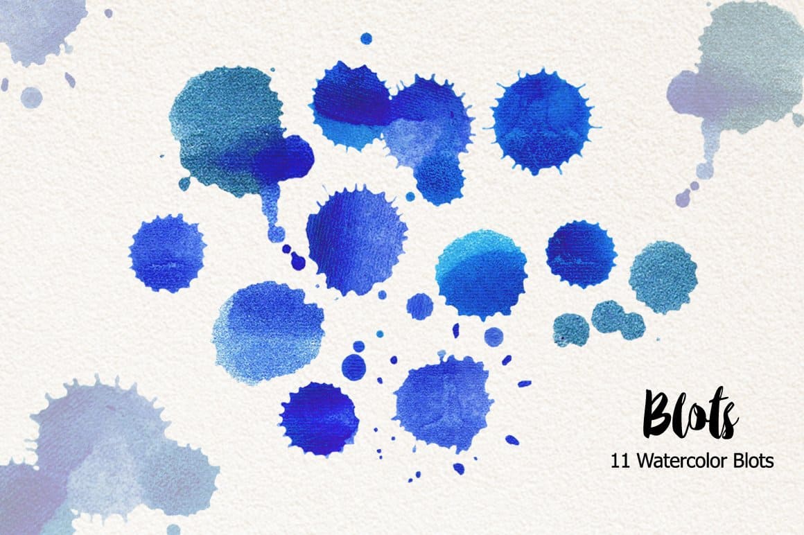 11 blue watercolor blots.