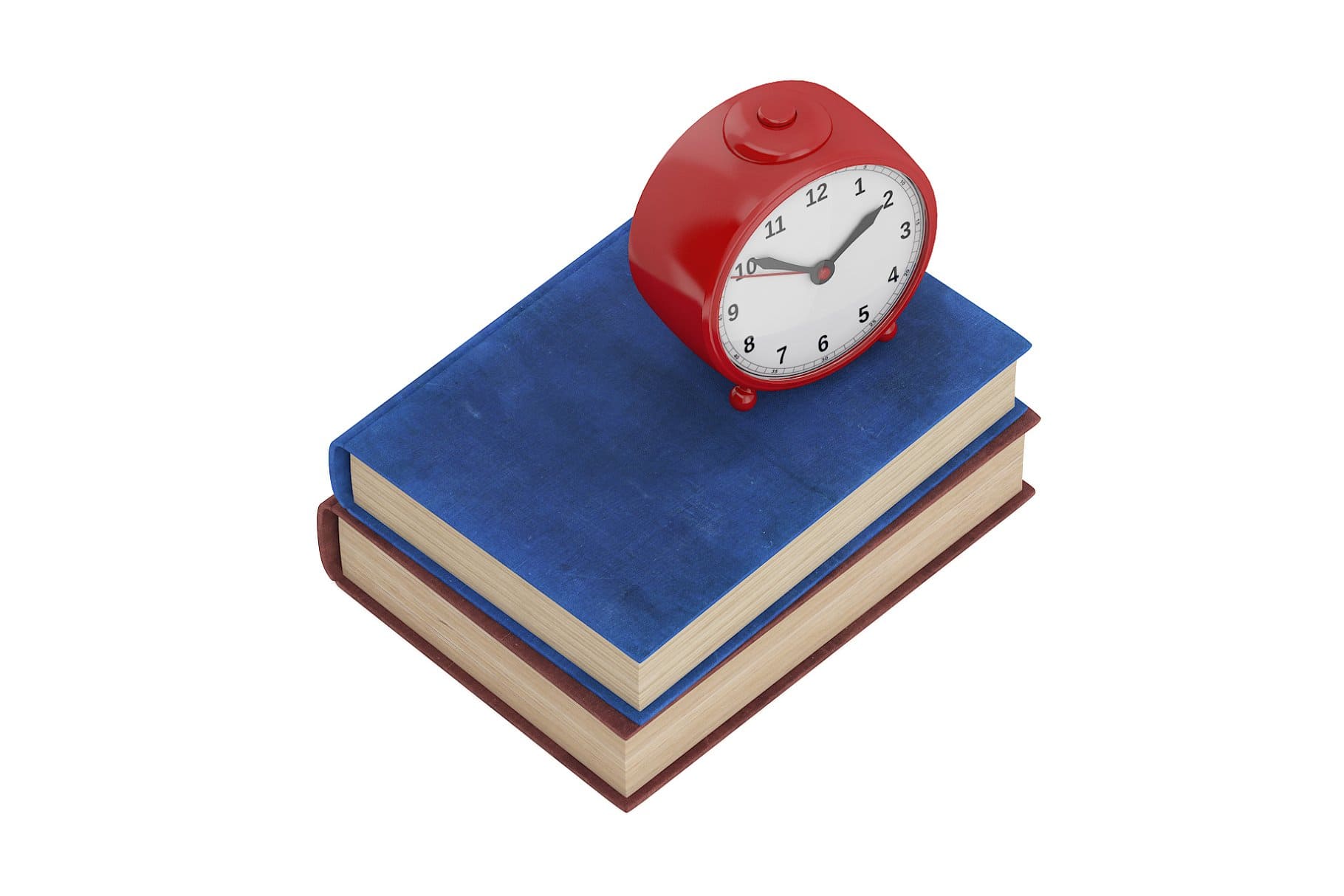 Two large books and a red table clock.