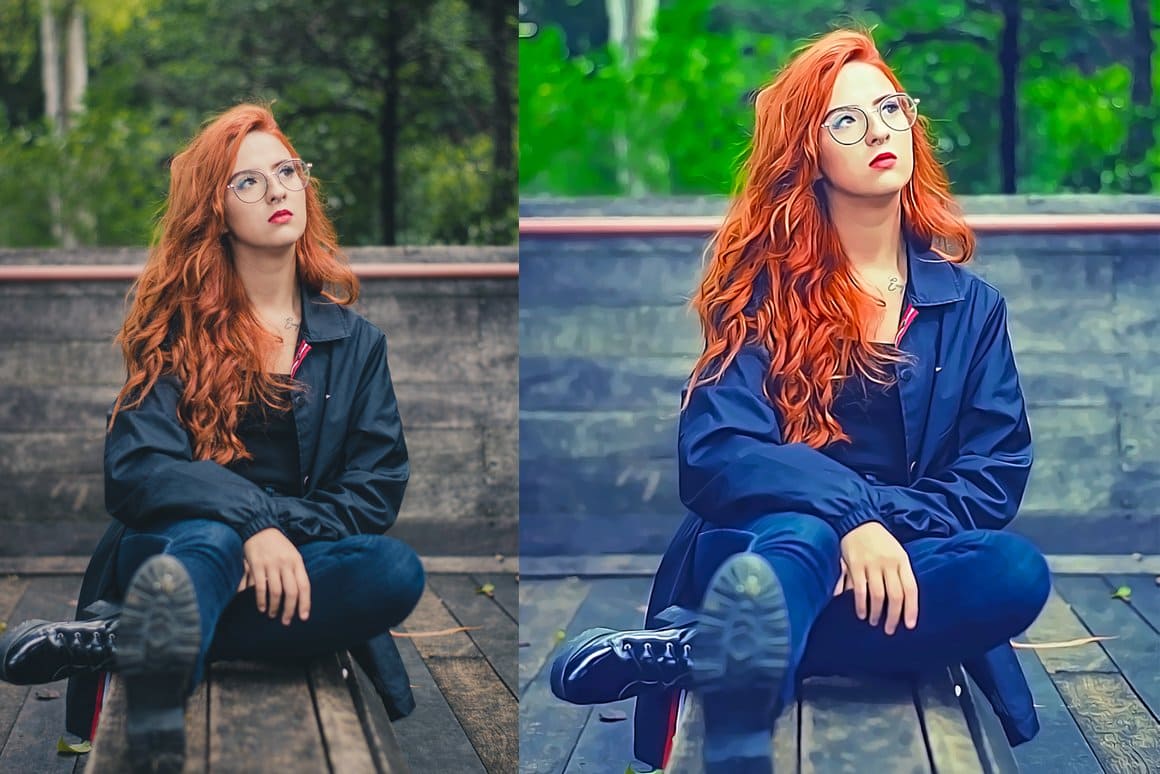 Overlaying the effect of Digital painting Photoshop action on a photo with a red-haired girl.