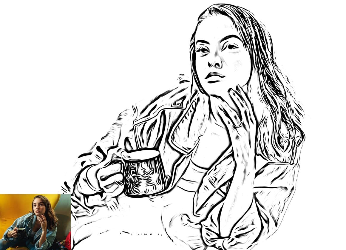 Drawing of a girl holding a cup in her hand.