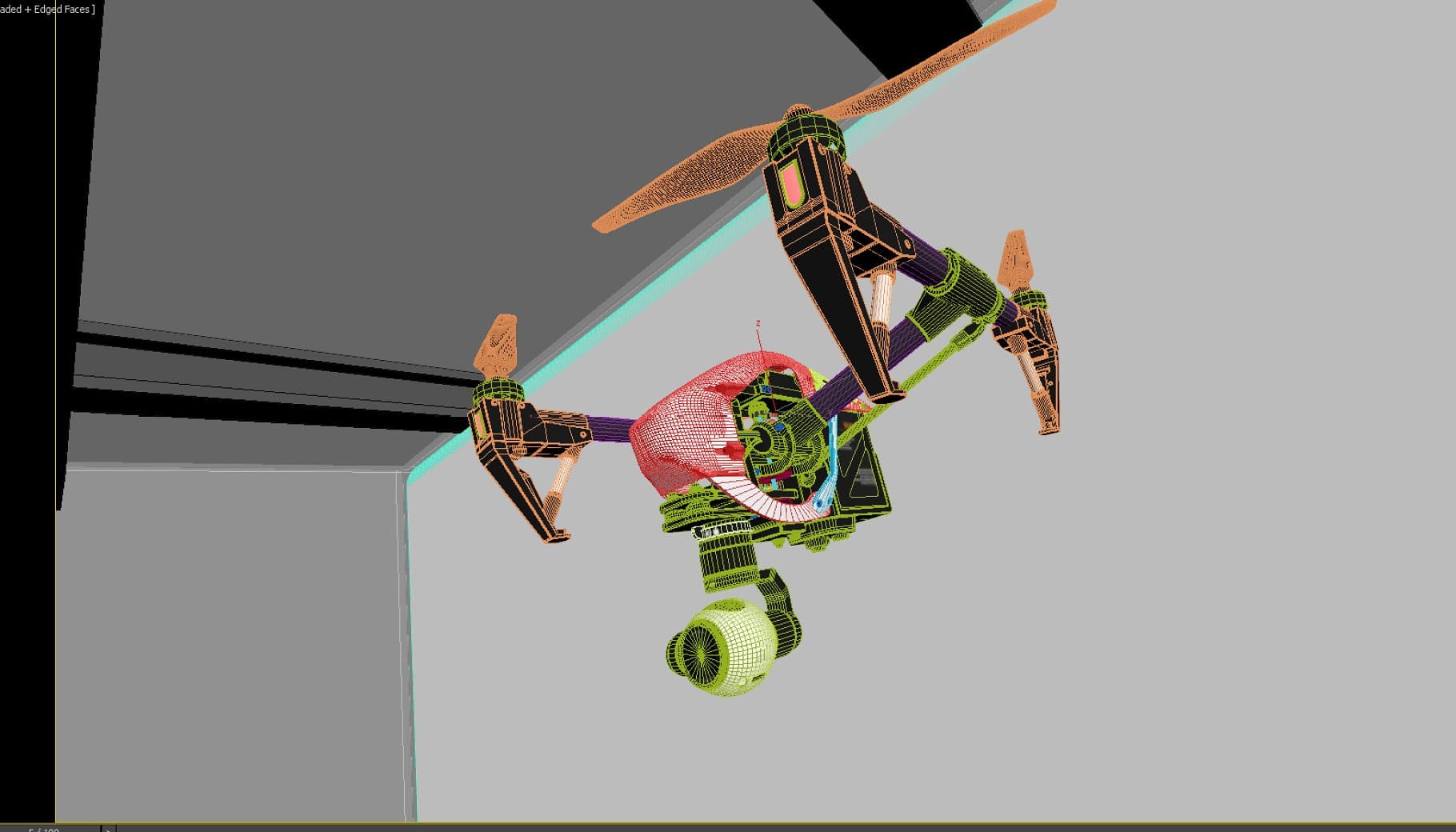 3D model of a quadcopter with a large camera attached to the bottom of the quadcopter.