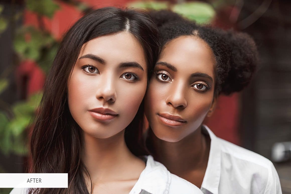 Perfect skin of two girls: African and Asian, edited in Photoshop.