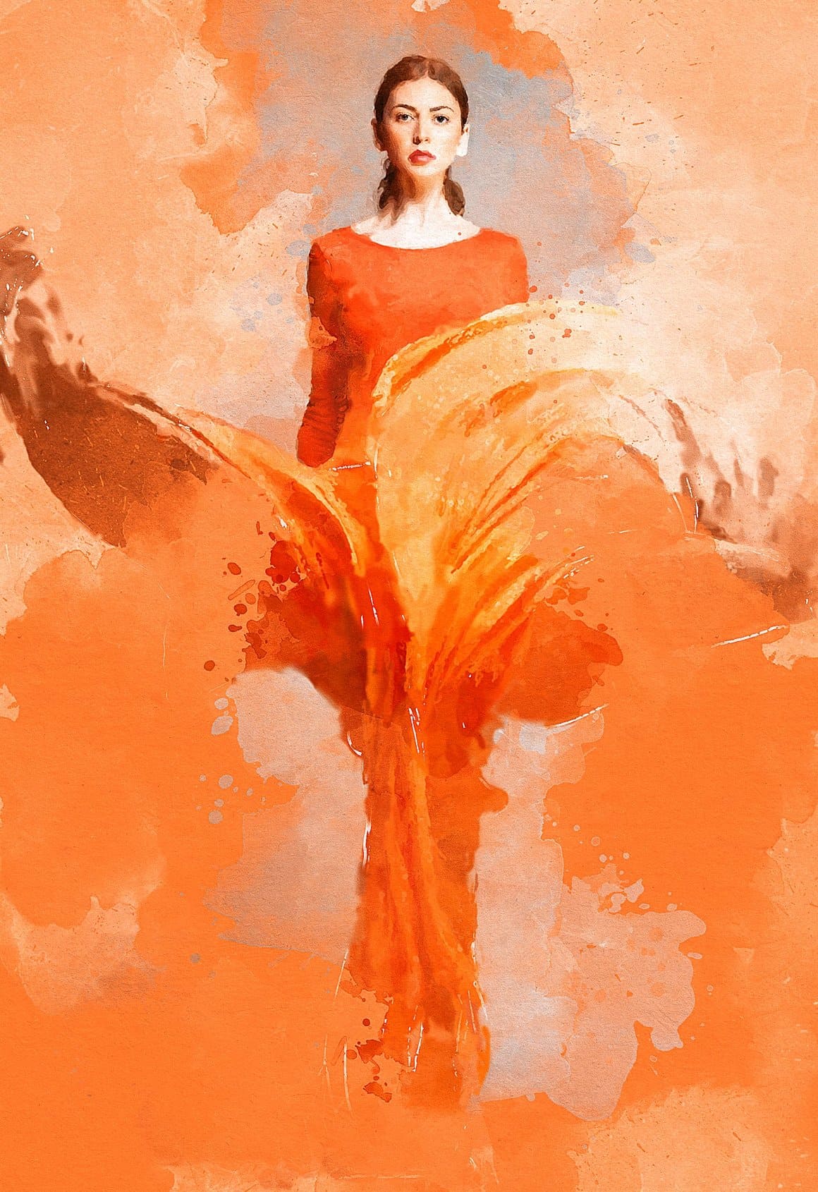 The portrait of a girl in an orange dress has been modified in Photoshop.