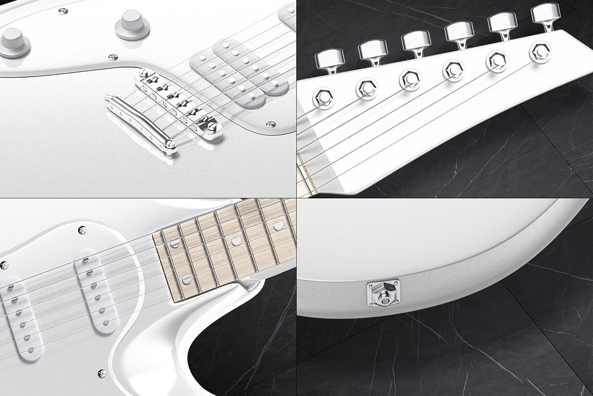 Small details of the electric guitar are shown in four pictures.