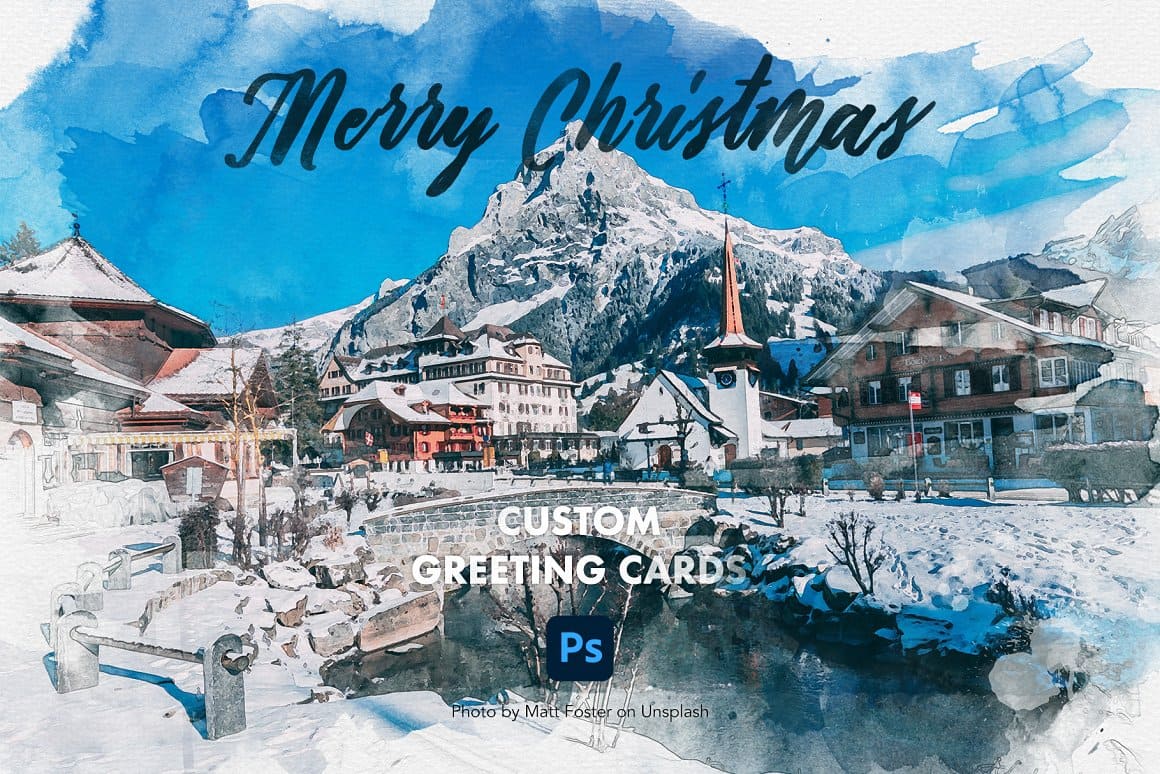 An image of snow-covered houses and mountains with the inscription Merry Christmas.