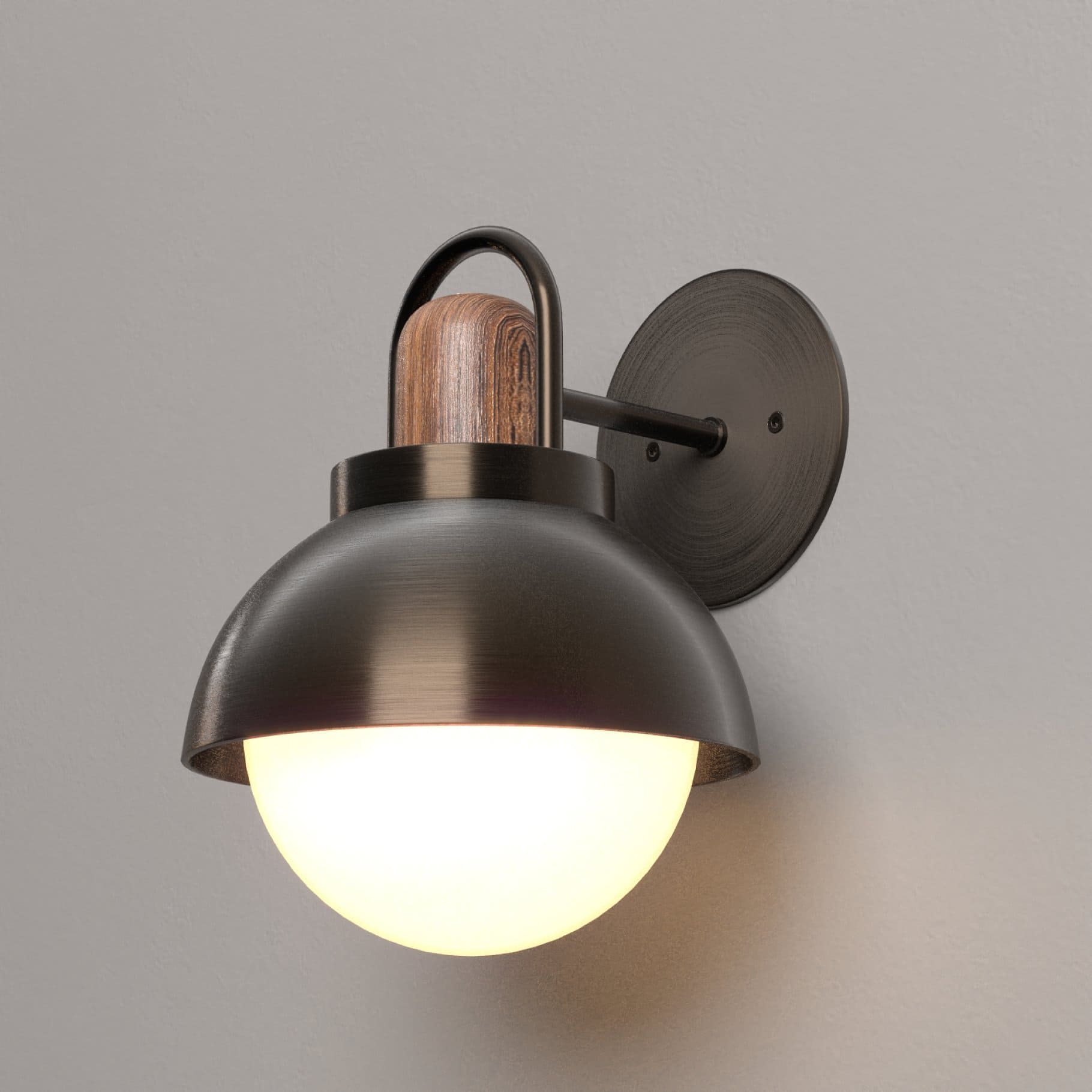 A sconce with metal and wooden elements hangs on the wall.