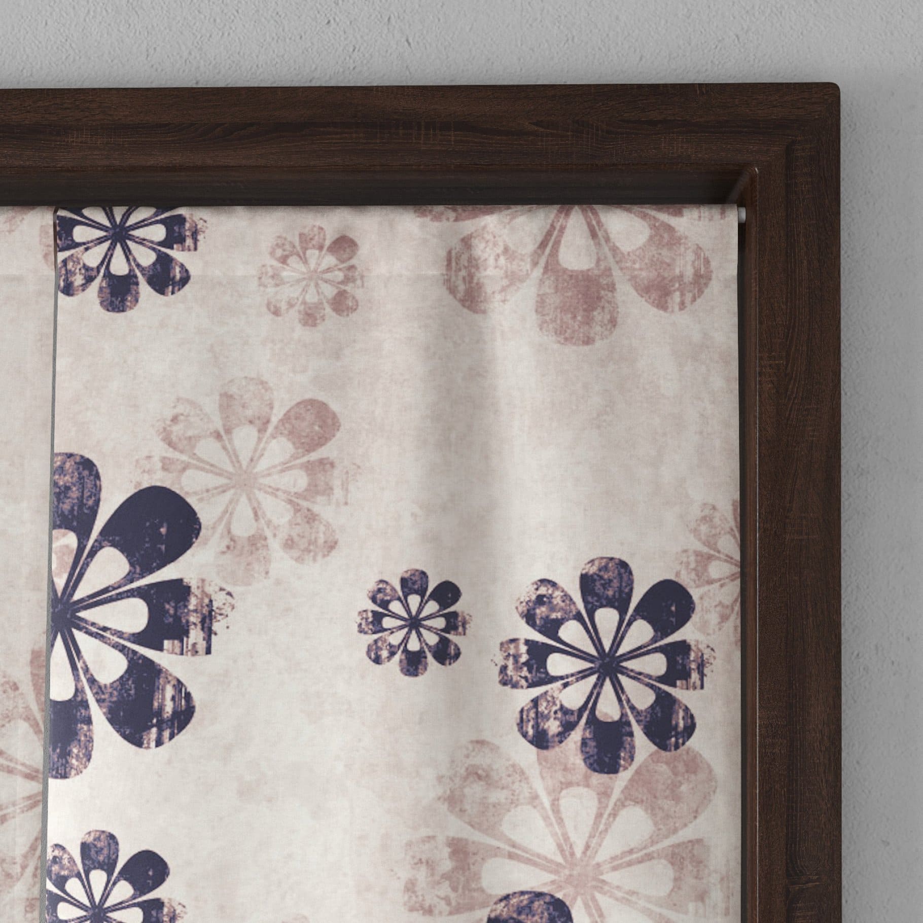 A corner of a Japanese curtain with flowers in the doorway.