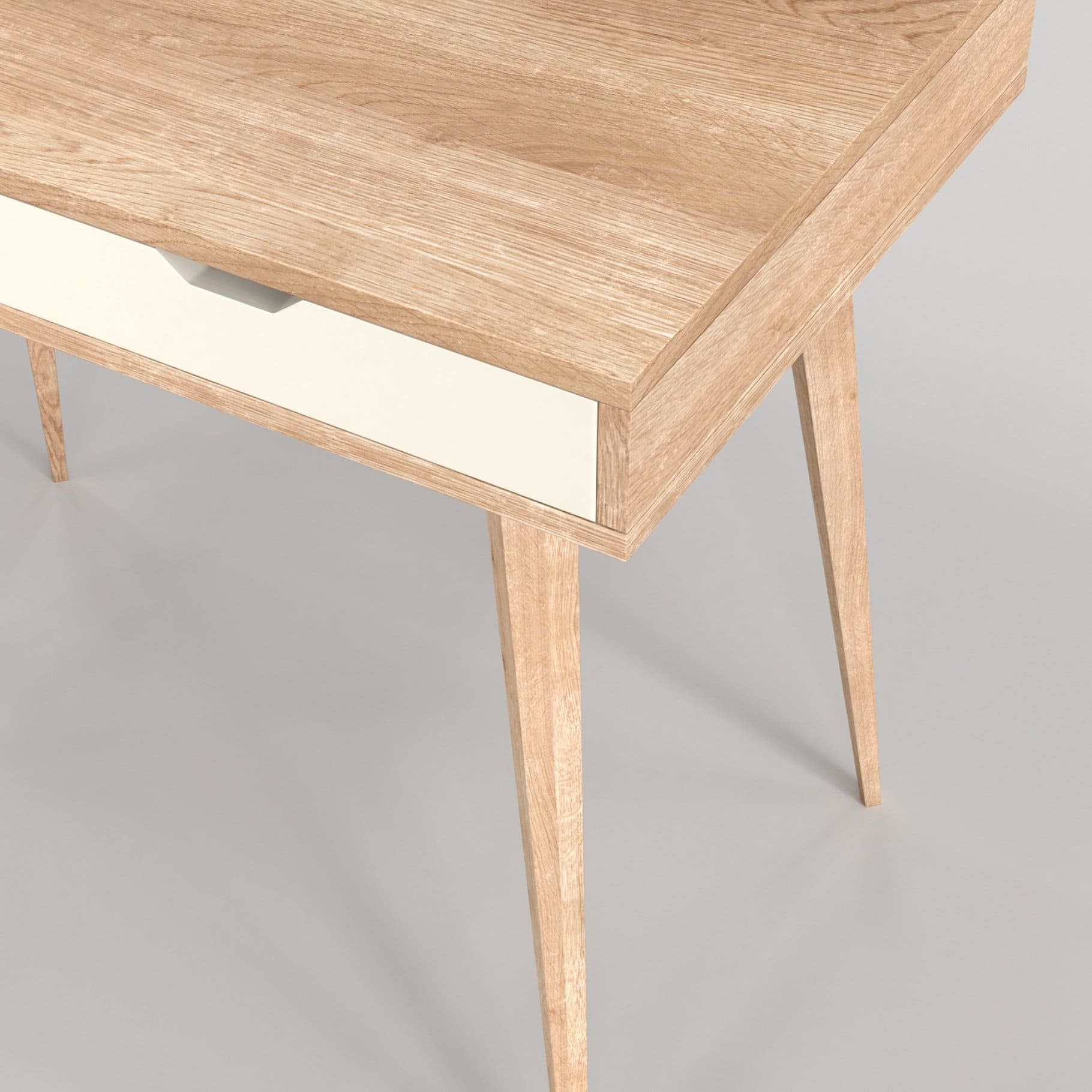 Photo of a corner of a wooden Scandinavian desk with shelves model 04.
