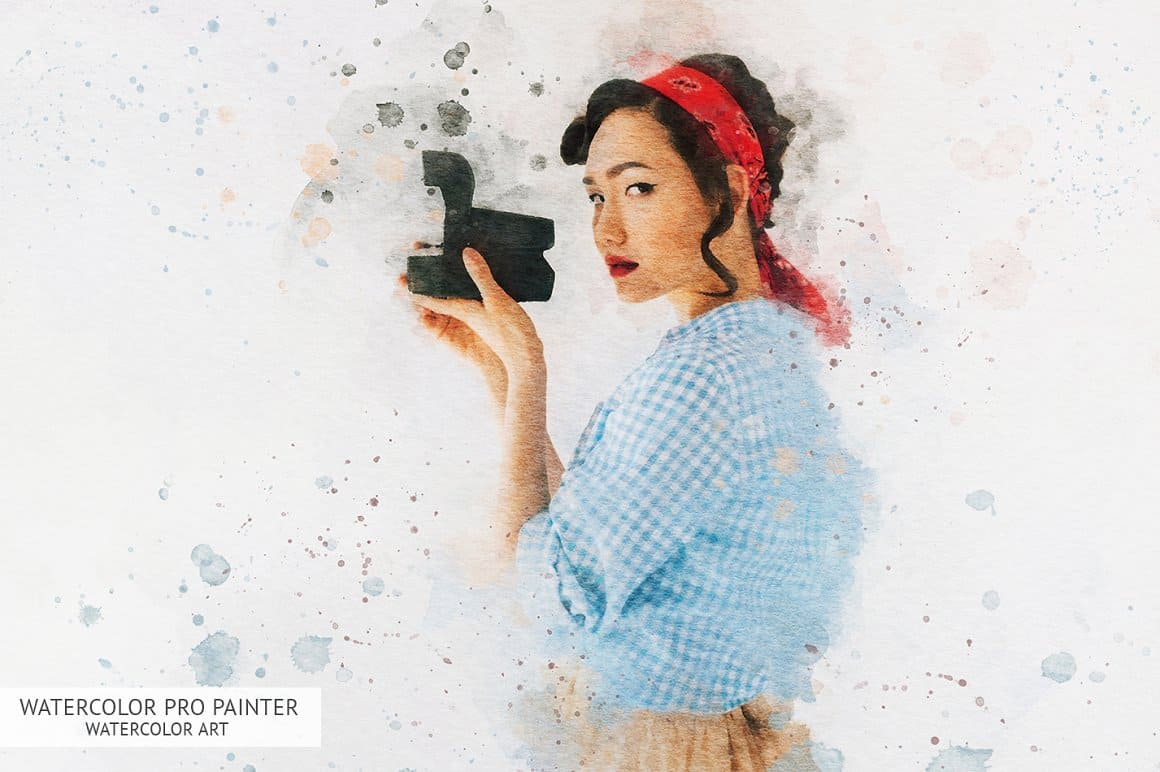 Photo of a girl in a blue blouse with the effect of watercolor pro painter watercolor art.
