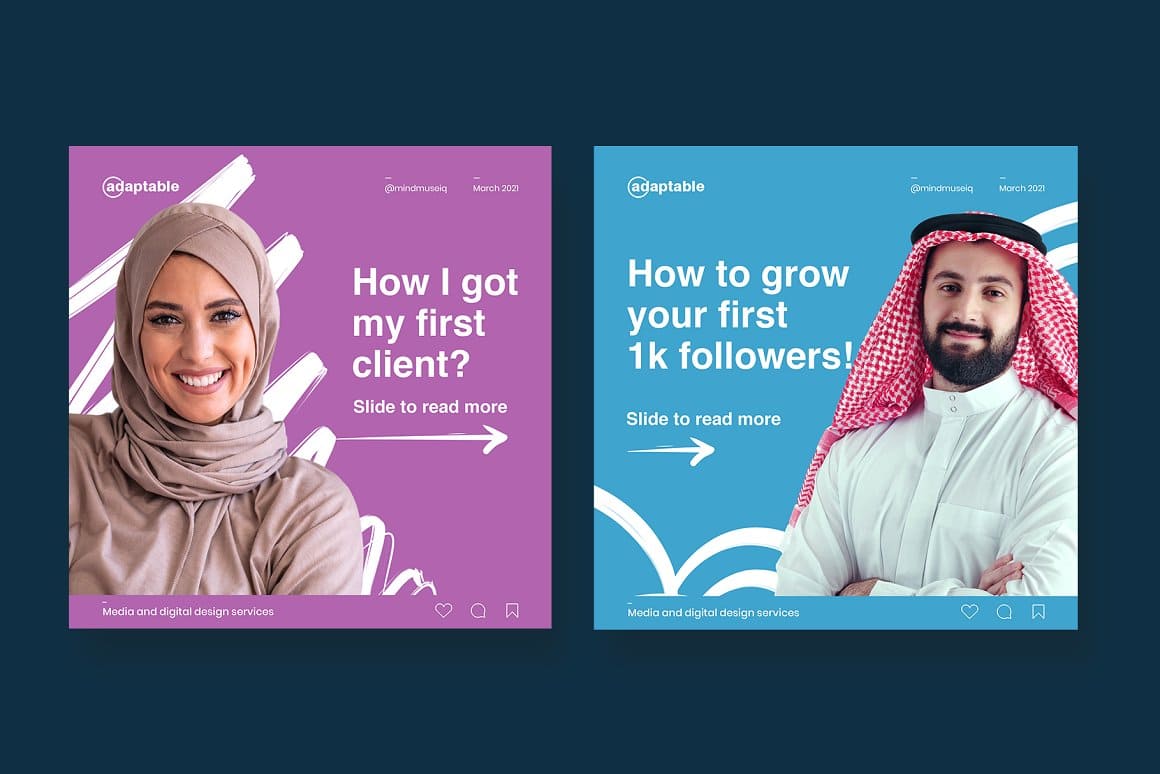 Two slides with an Arab woman and a man about achievements in increasing customers.