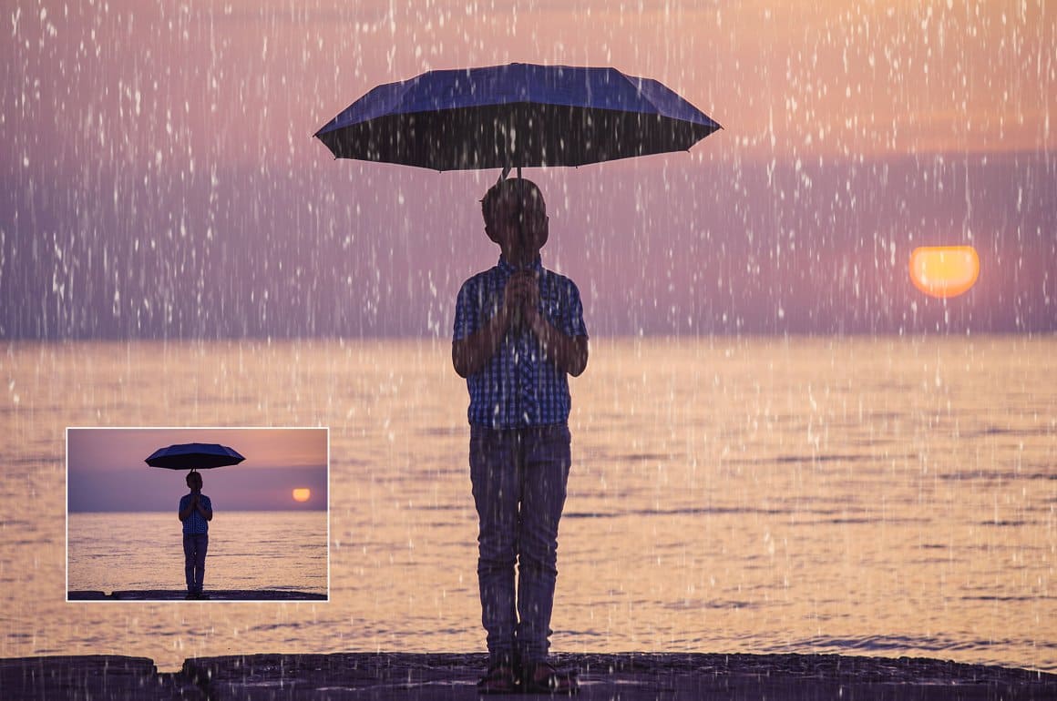 Photo of a little boy standing on the seashore in the rain.