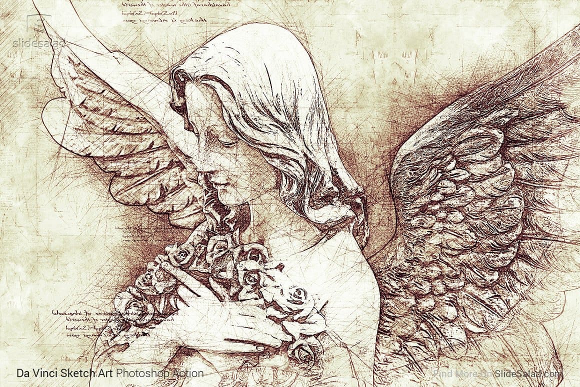 Image of a statue of an angel holding roses using Da Vinci Sketch Art Photoshop Action.