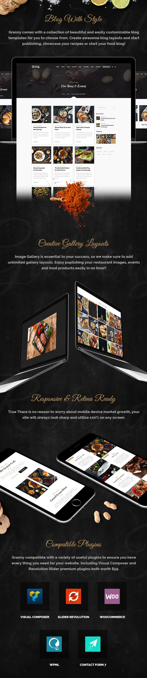 Creative gallery layouts of the Granny - Elegant Restaurant & Cafe WordPress Theme.