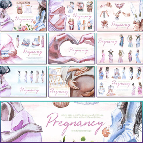Images with watercolor pregnancy clipart set.