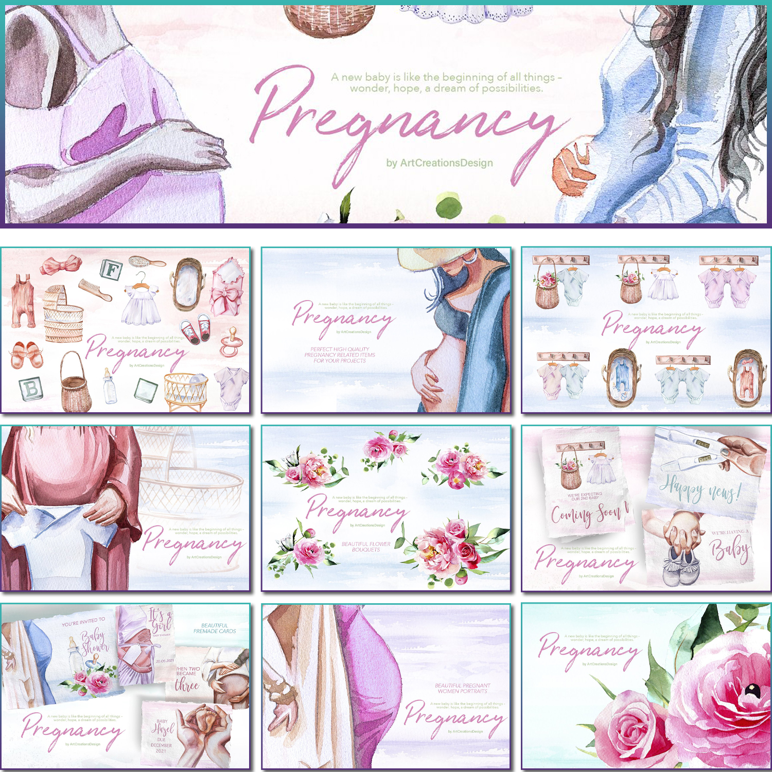 Preview watercolor pregnancy clipart set.