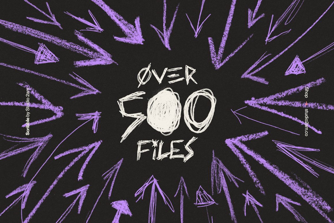 Lettering "Over 500 files" in white and different purple crayon elements on a black background.
