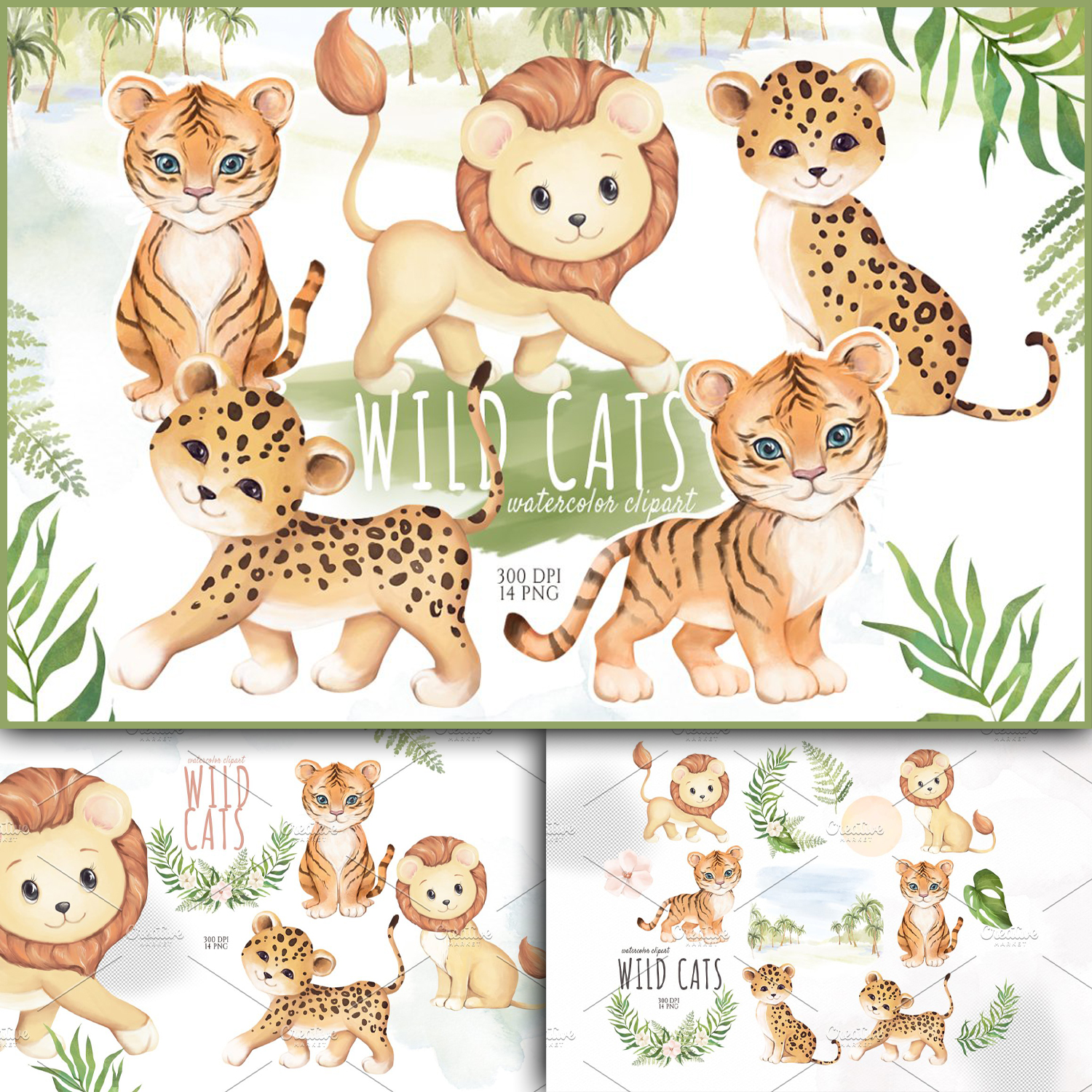Images with cute wild cats watercolor clipart.