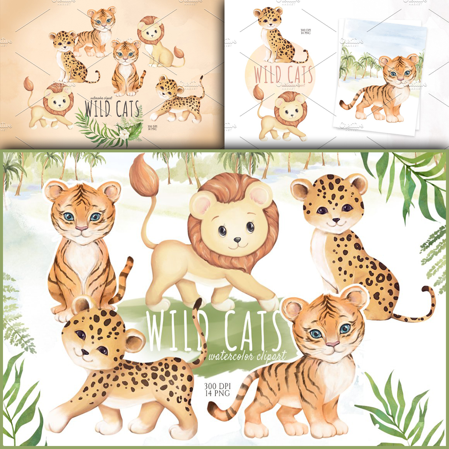 Preview cute wild cats watercolor clipart.