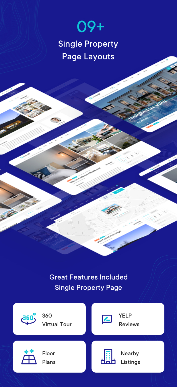 Template website pages on a blue background.