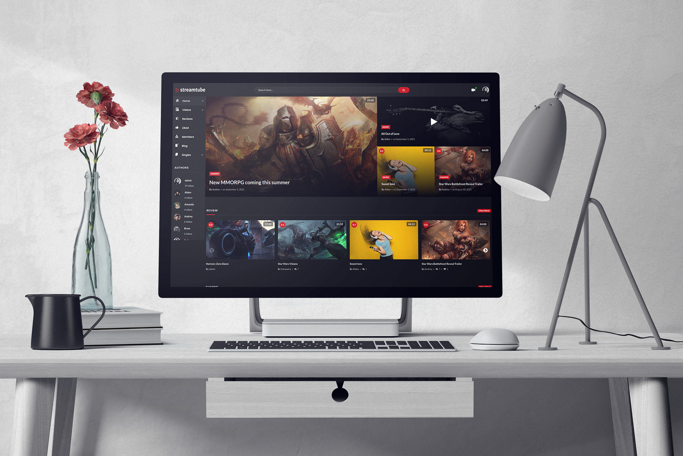 Pc with table and lantern and dark style video viewer website template image.