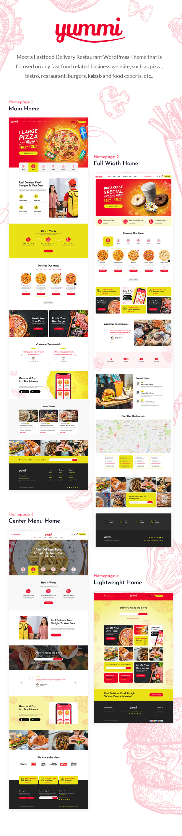 Images of website pages for the restaurant theme.
