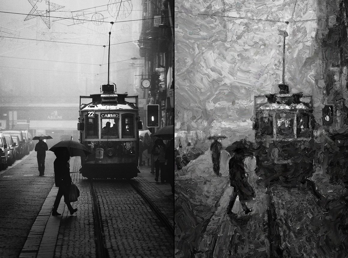 Black and white image of a tram.