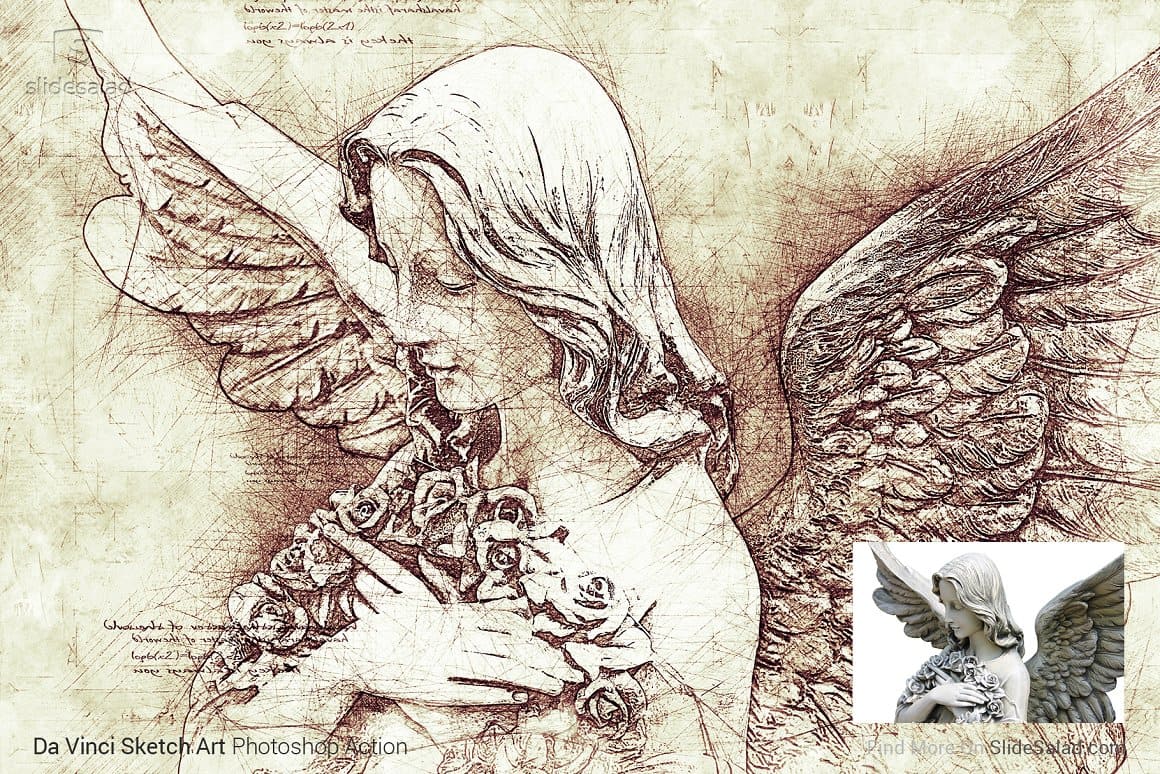 A photo of an angel statue and a drawing from this photo using Da Vinci Sketch Art Photoshop Action.