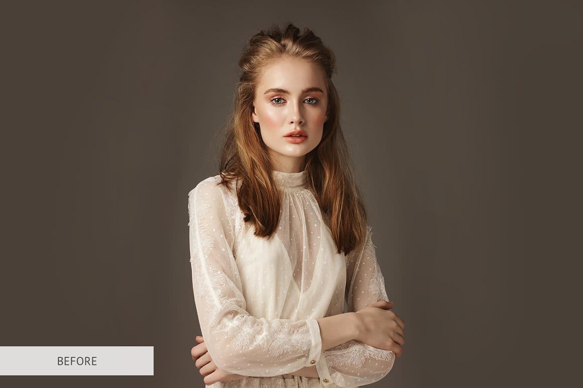 Photo of a girl in light beige clothes on a dark beige background.
