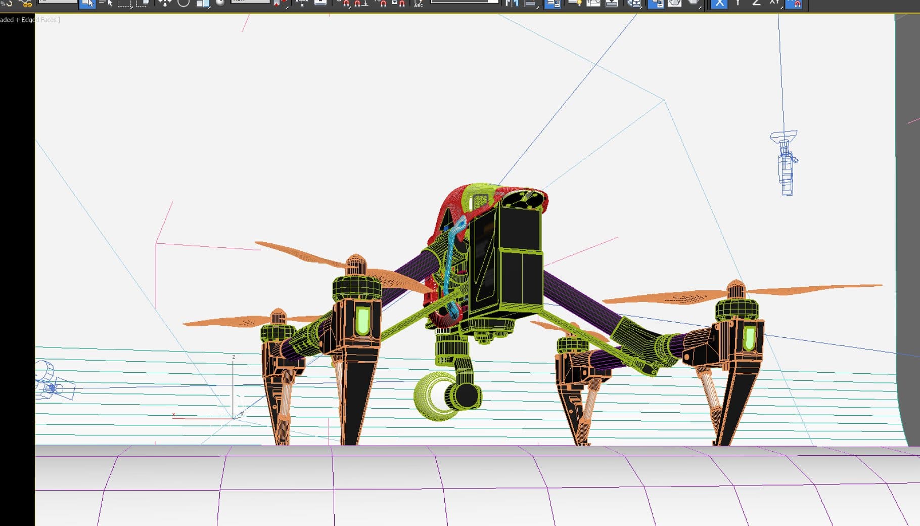 3D model of a quadcopter, the details of which are painted in different colors.